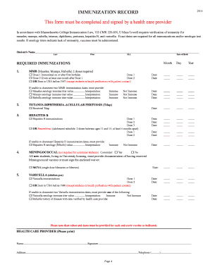 Massachusetts College Immunization Record