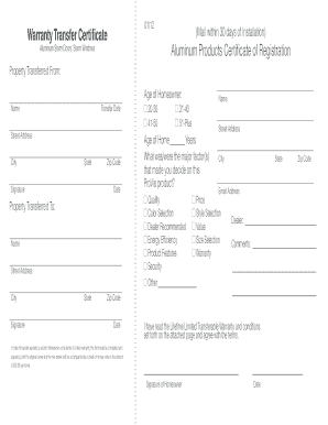 Warranty Transfer Certificate for Aluminum Storm Doors
