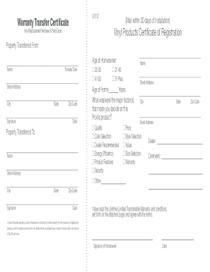 Vinyl Replacement Windows Warranty Transfer Certificate