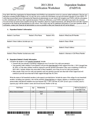 2013-2014 Dependent Student Verification Worksheet