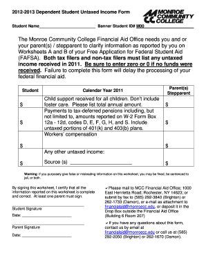 2012-2013 Dependent Student Untaxed Income Form
