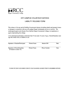 OFF-CAMPUS VOLUNTEER SERVICE LIABILITY RELEASE FORM - roguecc