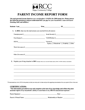Parent Income Report Form