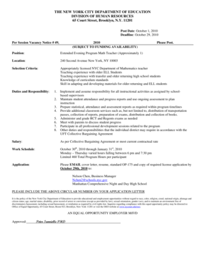 NYC Department of Education Per Session Employment Application