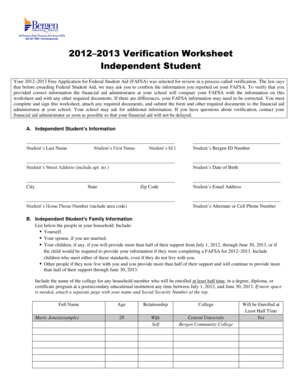 2012–2013 Verification Worksheet for Independent Student