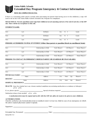 Union Public Schools Extended Day Program Emergency Form