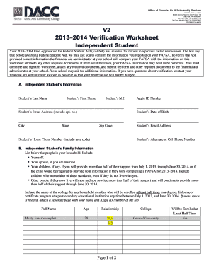 2013–2014 Verification Worksheet for Independent Students