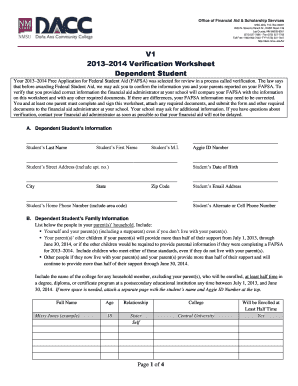 2013–2014 Verification Worksheet Dependent Student