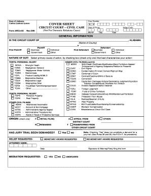 Cover Sheet Circuit Court – Civil Cases
