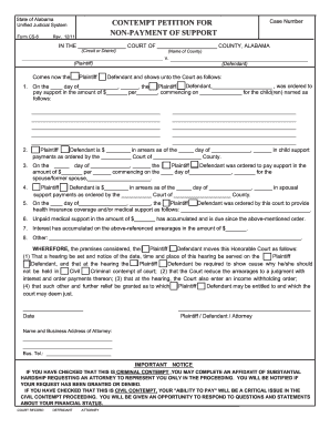 Alabama Contempt Petition for Non-Payment of Support