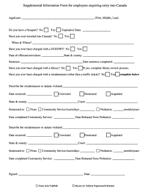 Supplemental Information Form for Canada Entry