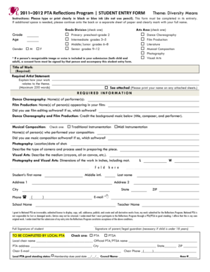 2011–2012 PTA Reflections Program Student Entry Form