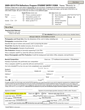 2009–2010 PTA Reflections Program Student Entry Form