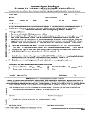 Narragansett Schools Medication Authorization Form