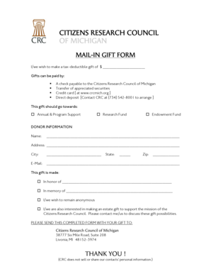 Michigan Mail-In Gift Form