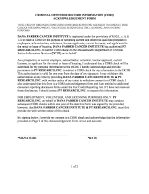 Criminal Offender Record Information (CORI) Acknowledgement Form