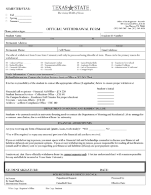 Texas State University Official Withdrawal Form