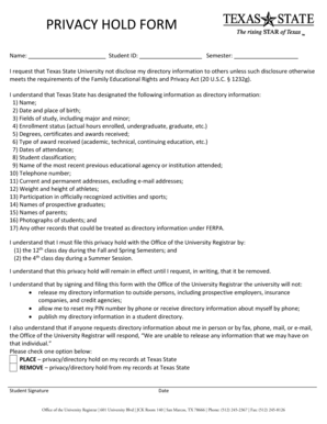 Texas State University Privacy Hold Form