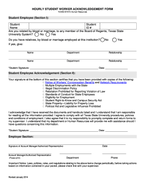 Texas State Student Worker Acknowledgement Form