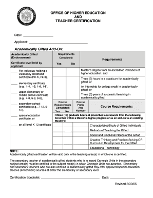 Academically Gifted Teacher Certification Form