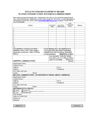 Texas Water Development Board Water Conservation Materials Order Form