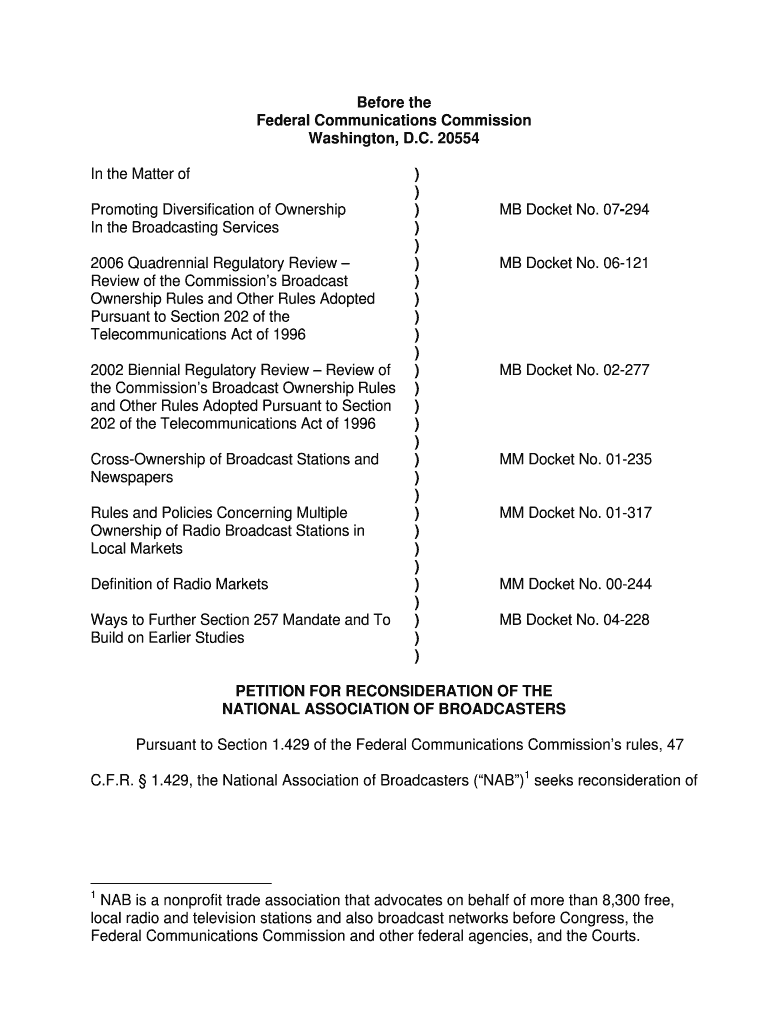 Fillable Online nab NAB Petition for Reconsideration re Ownership Form