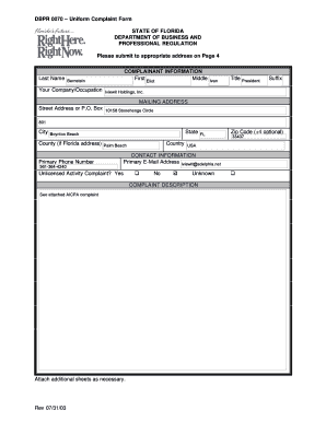 Florida Uniform Complaint Form
