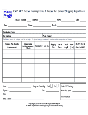 Precast Drainage Units Shipping Report Form