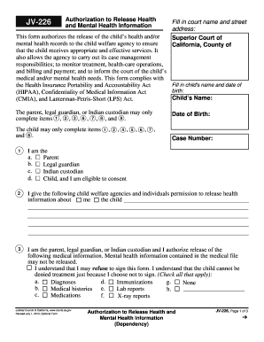 JV-226 Authorization to Release Health and Mental Health Information