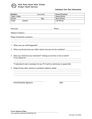 Student Health Services Individual Care Plan