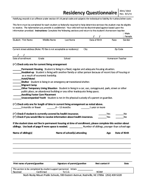 Residency Questionnaire 2011/ 2012 - Nash-Rocky Mount Schools