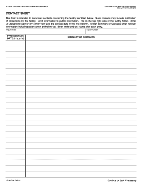 California Contact Sheet for Community Care Facilities