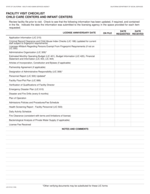 California Facility Visit Checklist for Child Care Centers