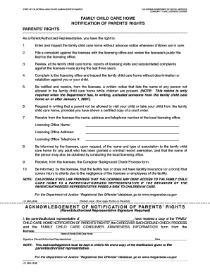 California Family Child Care Home Parents' Rights Notification