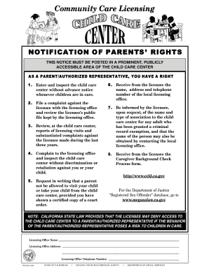California Child Care Center Parents Rights Notice