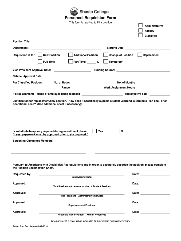 Personnel Requisition Form - Shasta College Preview on Page 1