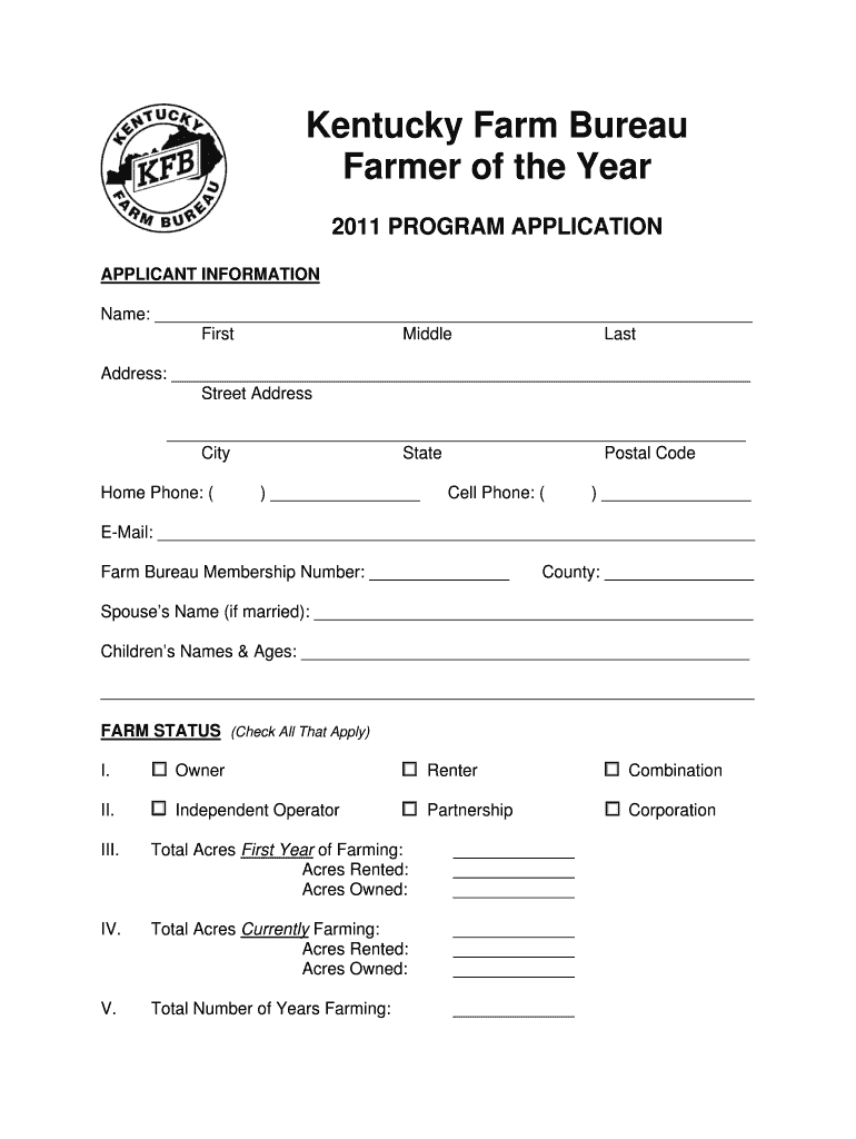 Fillable Online FARMER OF THE YEAR PROGRAM Kentucky Farm Bureau Fax
