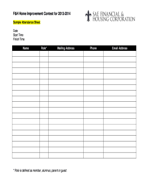 Home Improvement Contest Sample Attendance Form - The Record