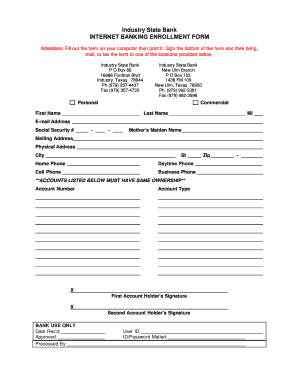 Industry State Bank Internet Banking Enrollment Form
