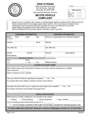 Alaska Motor Vehicle Complaint Form
