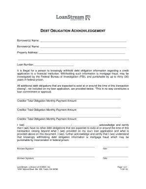 Debt Obligation Acknowledgement Form