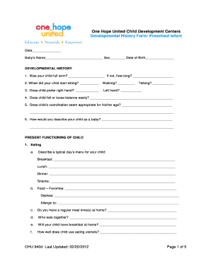Developmental History Form Preschool Infant