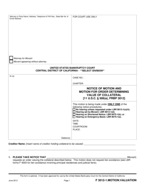 Motion for Order Determining Value of Collateral