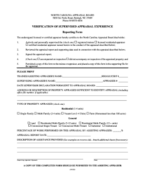 North Carolina Appraisal Experience Verification Form