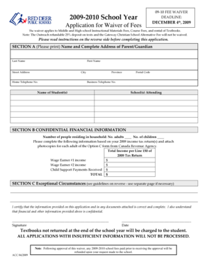 2009-2010 Alberta School Fee Waiver Application