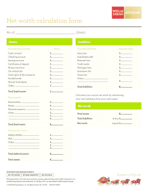 Well's Fargo's Net Worth Calculation Form - Wells Fargo