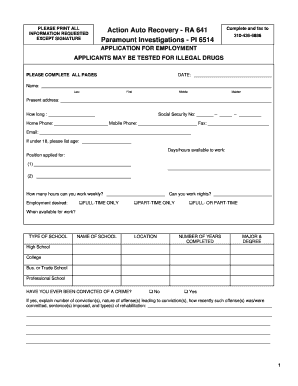 Action Auto Recovery Employment Application