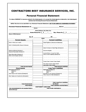 Personal Financial Statement for Insurance