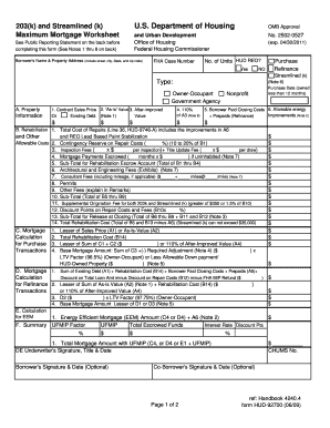 HUD 203(k) Maximum Mortgage Worksheet