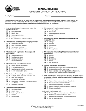 Student Opinion of Teaching Form